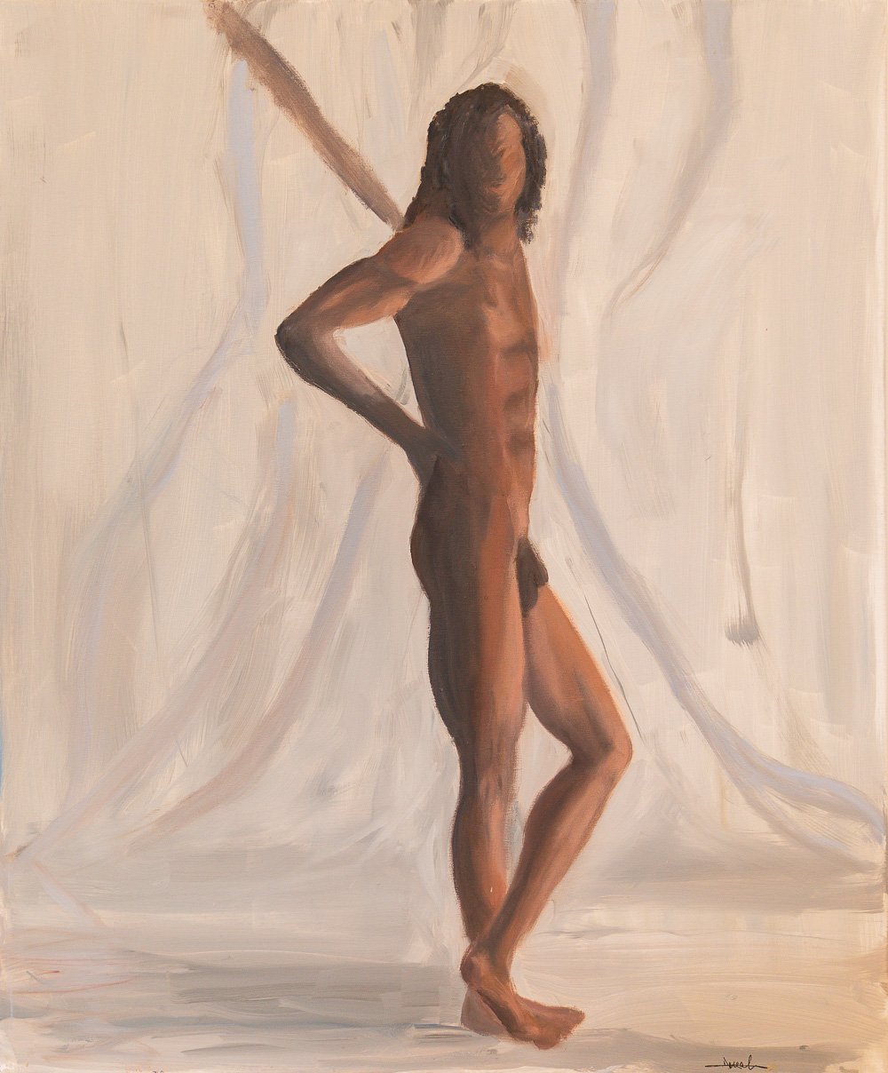 Male nude in front of drapery