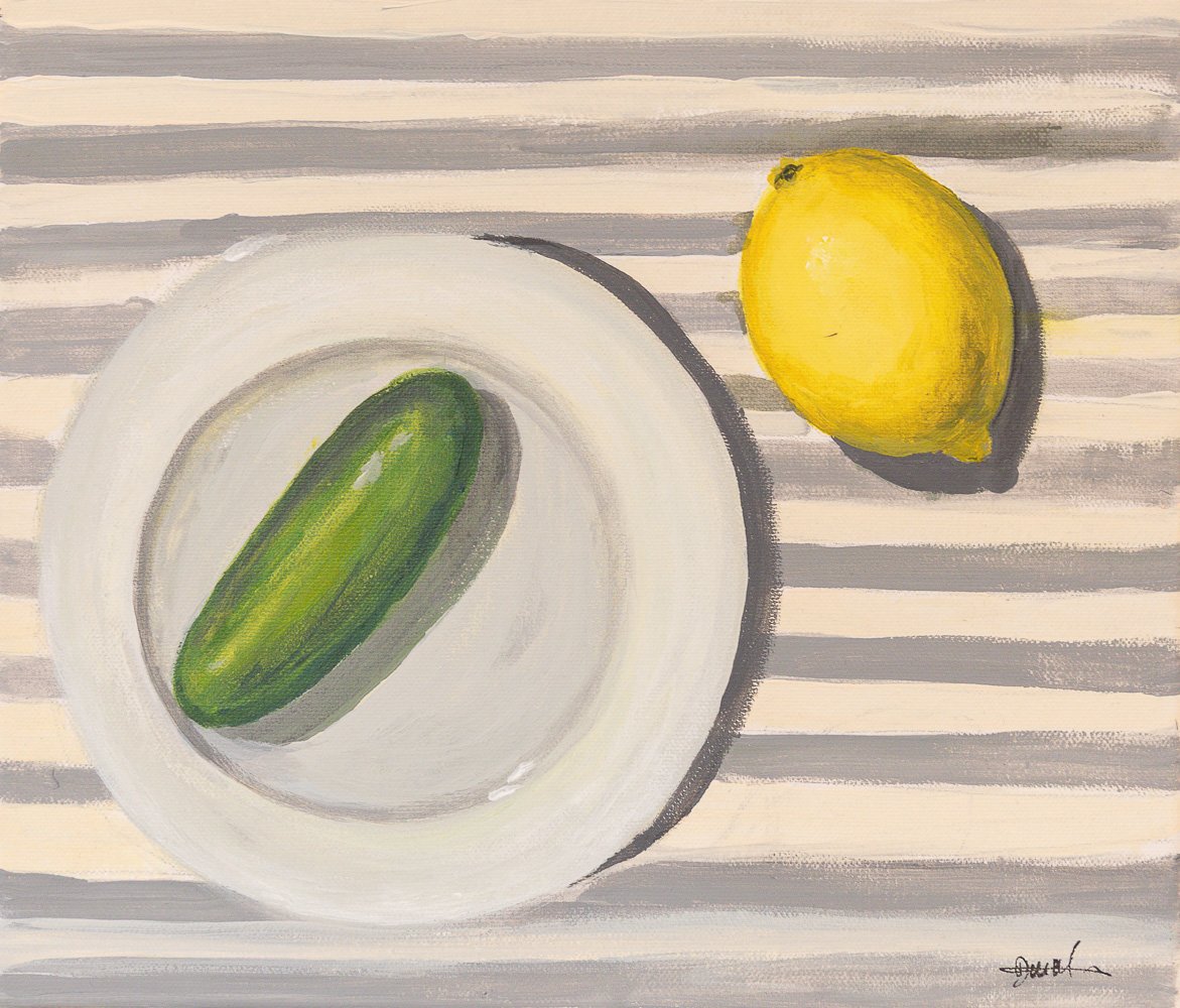 Plate, cucumber and lemon