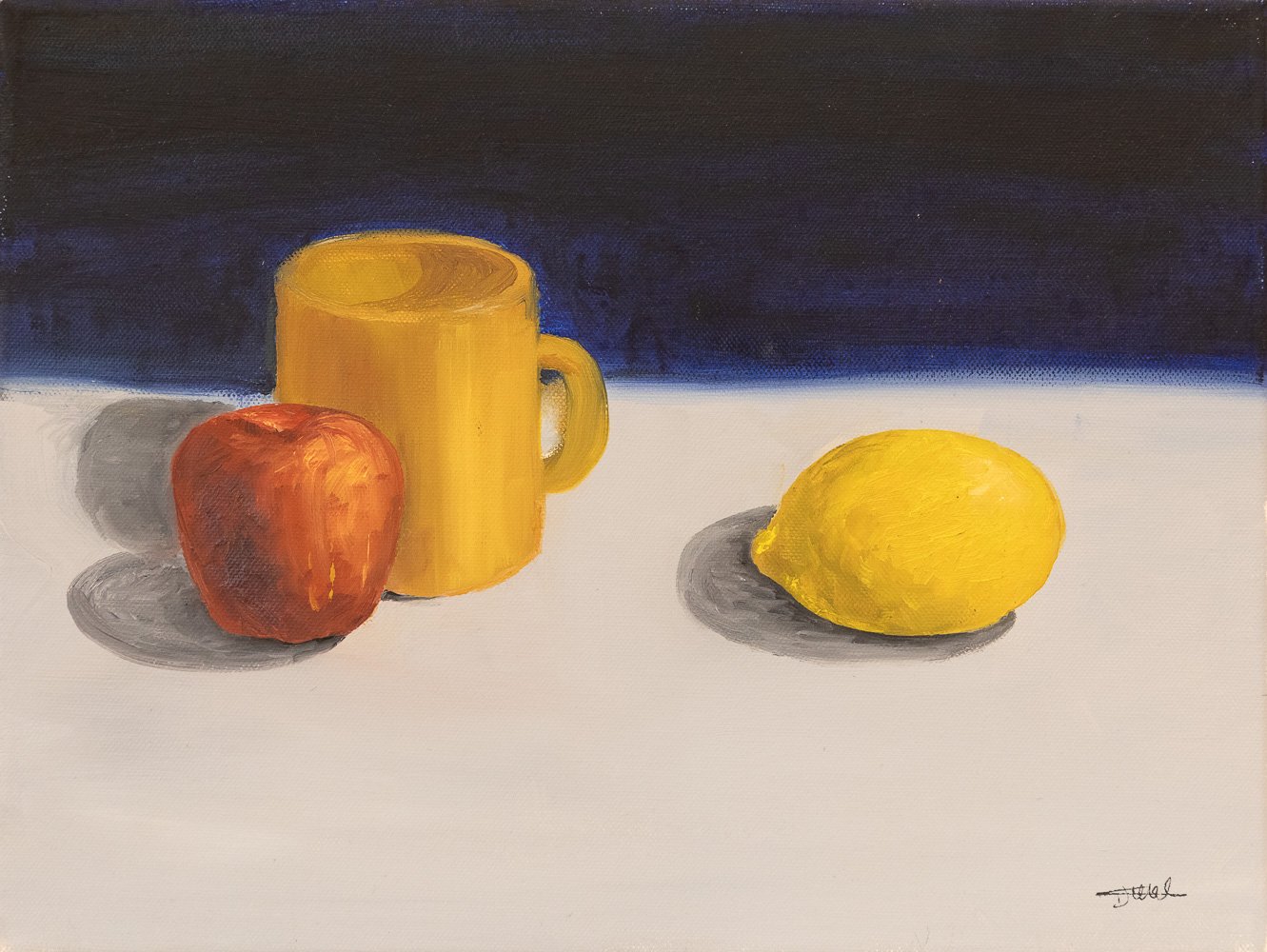 Yellow mug and fruits