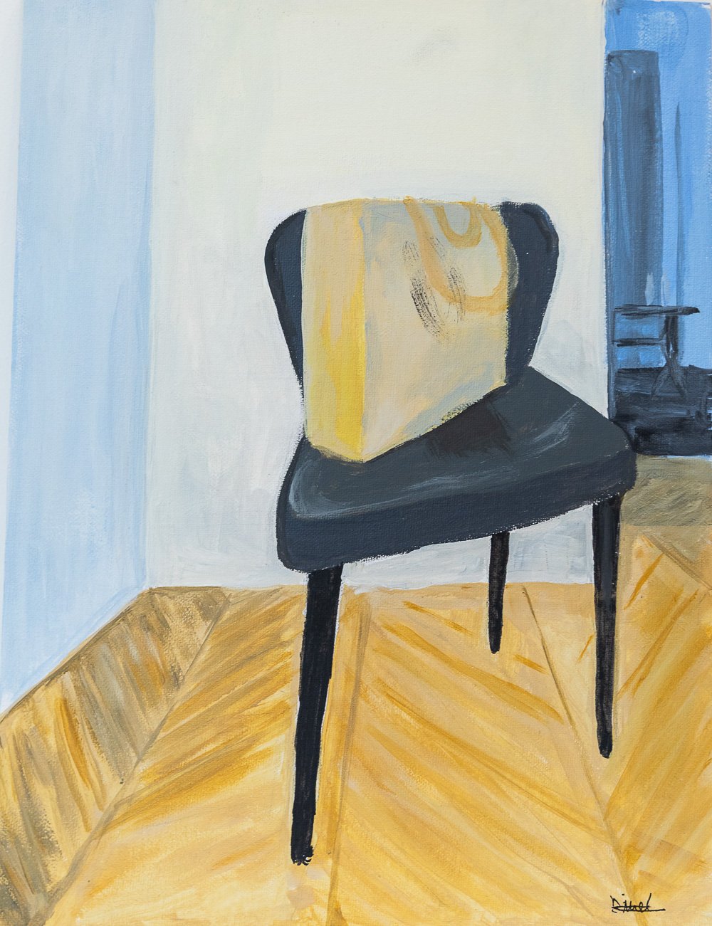 Chair with yellow bag